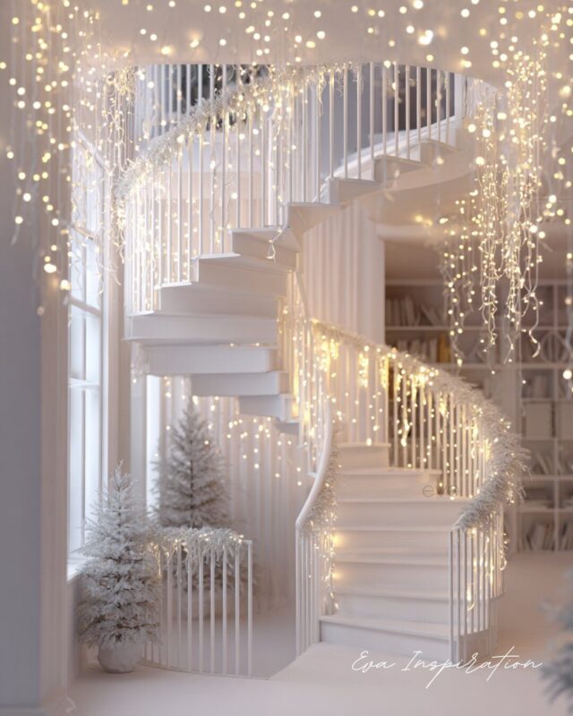 Escalier colimaçon blanc décoré de lumières et sapins enneigés pour Noël – Eva Inspiration