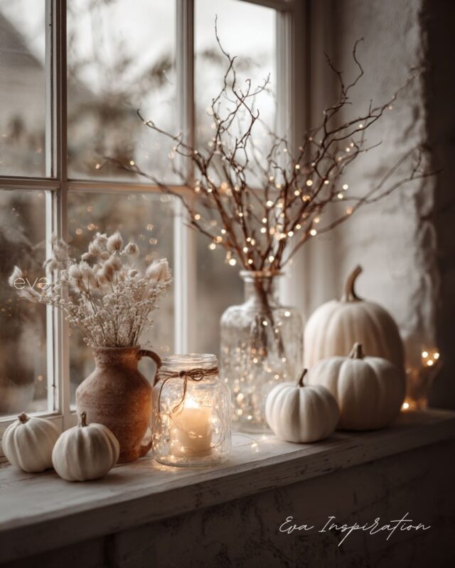 Idée déco rebord de fenêtre automne avec citrouilles blanches, fleurs séchées et bougies lumineuses