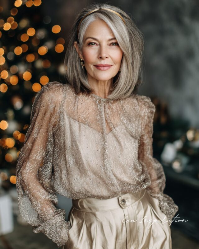 Look Noël femme 60 ans : blouse perles dorées et pantalon fluide champagne