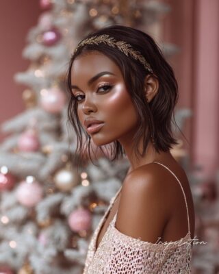 Look de Noël femme, maquillage doré lumineux avec headband bijou et peau mate éclatante