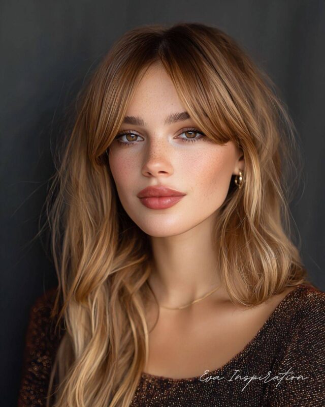 Idée coiffure tendance automne-hiver Eva Inspiration, frange rideau et cheveux longs blond caramel.