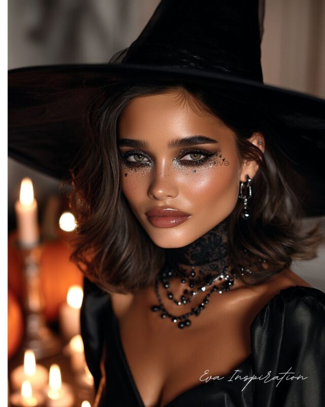 Femme déguisée en sorcière glamour Halloween 2025 avec maquillage noir et paillettes, chapeau pointu, style élégant.