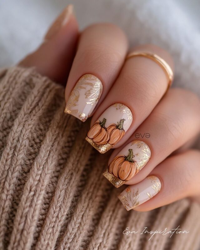 Ongles Halloween beige et doré avec feuilles et citrouilles – nail art automnal.