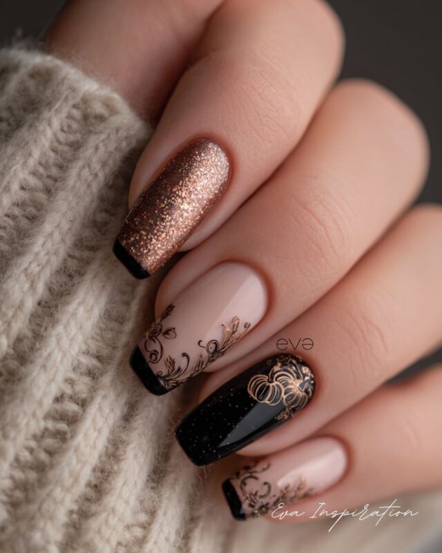 Ongles Halloween noirs et cuivrés avec citrouilles dorées – idée nail art automnal.