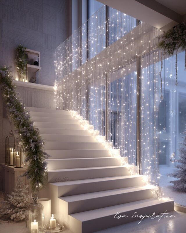 Escalier blanc avec guirlandes lumineuses suspendues et déco givrée pour Noël – Eva Inspiration