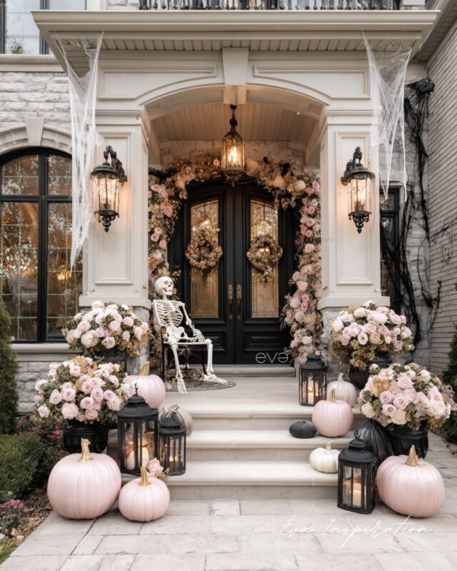 idee decoration entree glamour rose floral halloween citrouille squelette