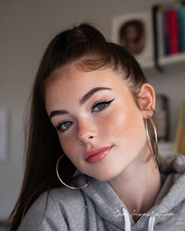 Jeune lycéenne au trait d’eyeliner noir marqué, lèvres glossées, taches de rousseur et hoodie gris – Eva Inspiration