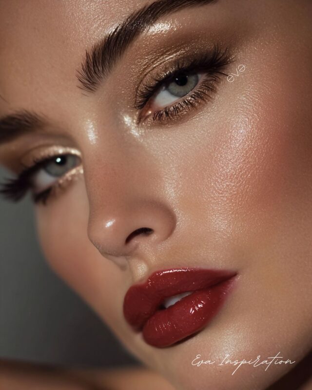 idee maquillage nouvel an soirée levre rouge et yeux or