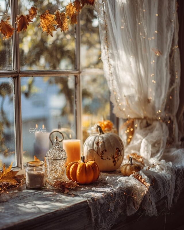 Décoration automne rebord de fenêtre avec citrouilles, feuilles séchées et bougies à la lumière naturelle.