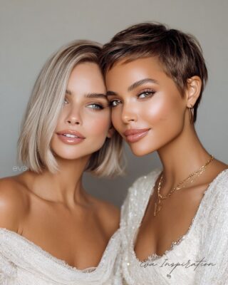 Deux femmes avec coupe courte tendance : carré blond moderne et pixie brun hyper stylé