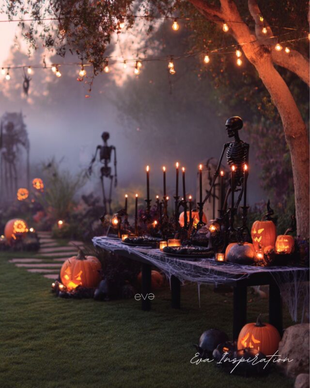 jardin decoration effrayante soiree halloween citrouille squelette bougie