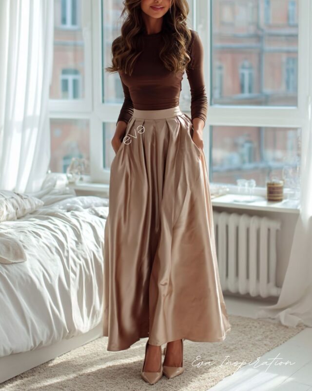 jupe longue satin beige top chocolat look idee saint valentin femme