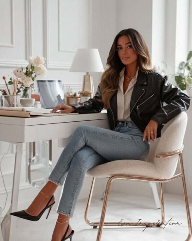 look business femme veste cuir noir bureau