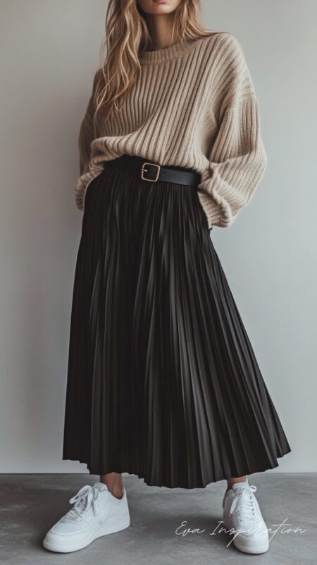 Outfit lycée jupe et pull beige