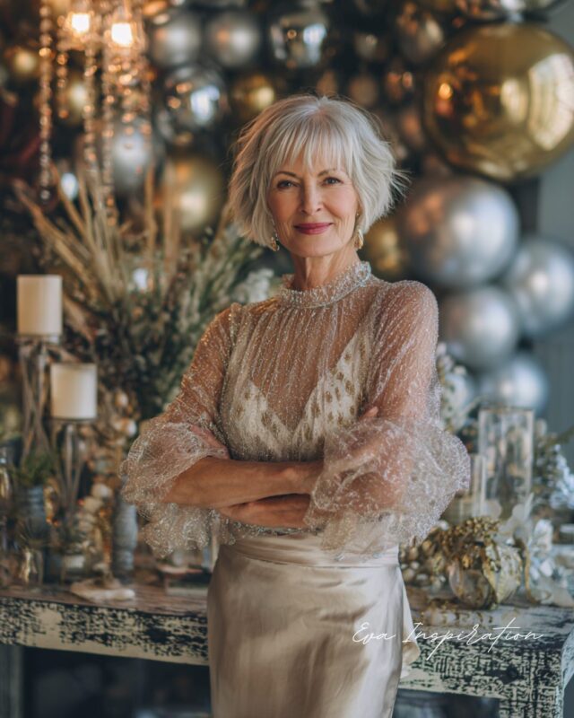 Tenue Noël femme 60 ans : blouse pailletée et jupe champagne satinée