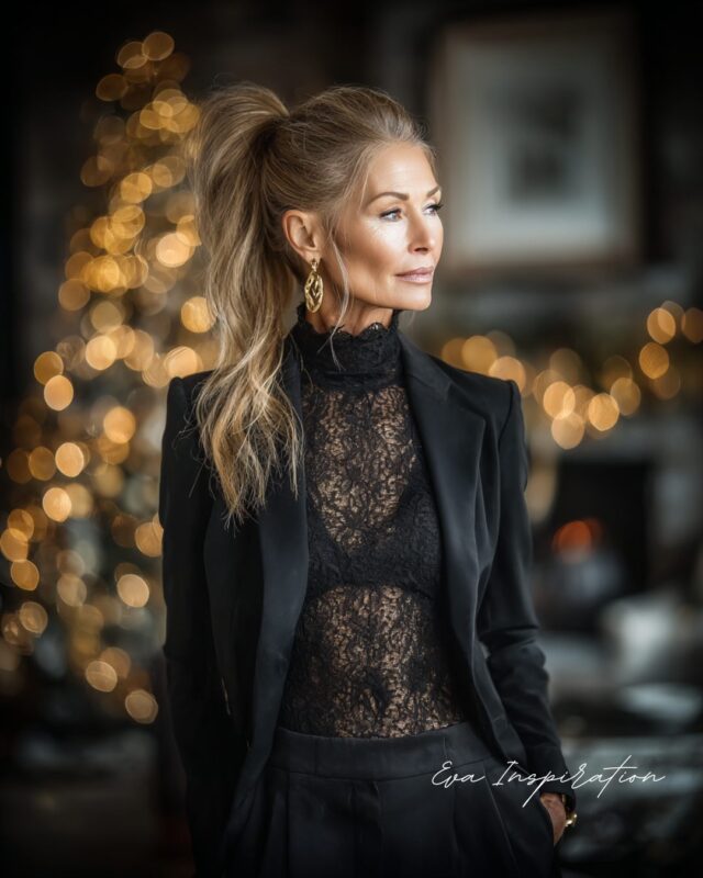 Look Noël femme 50 ans : tailleur noir et top en dentelle élégante