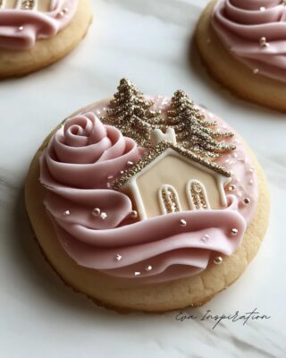biscuit rose pastel avec maison crème, sapins dorés et rose de sucre en spirale