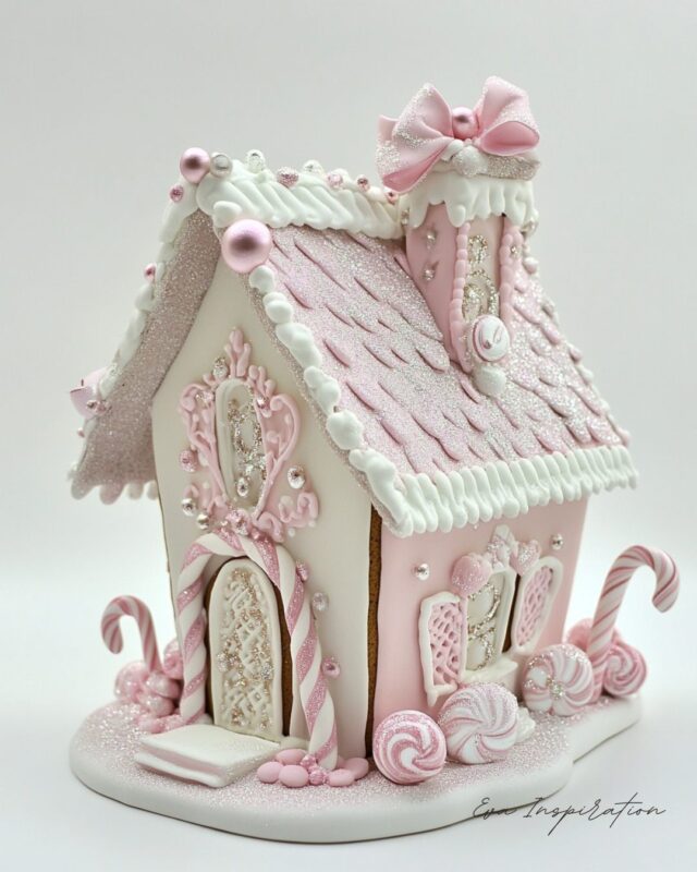 Maison en pain d’épices rose et blanc – idée déco de Noël douce et sucrée