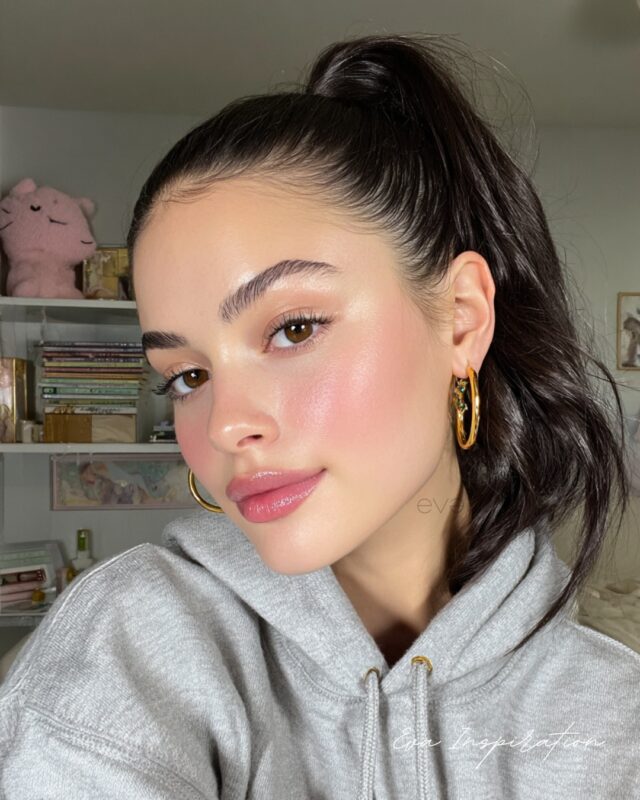 Jeune fille en sweat gris à capuche, maquillage rosé lumineux et coiffure demi-queue, inspiration rentrée scolaire