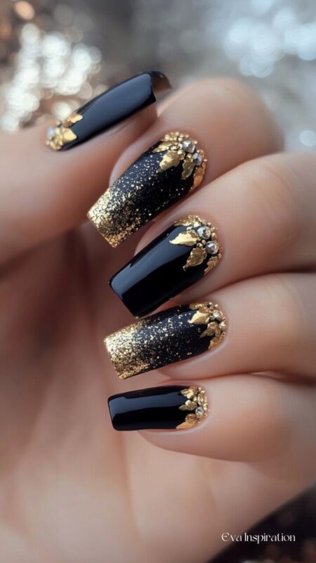 manucure-noir-or-doree-strass-glitter-paillette
