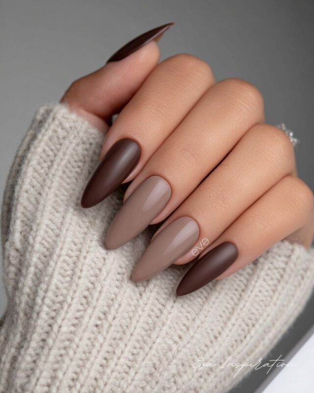 manucure ongle amande tendance idee couleur chocolat fonce marron moka glace