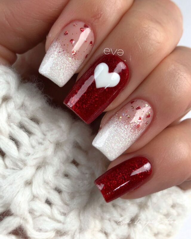 manucure saint valentin degrade blanc rouge cerise et coeur paillette