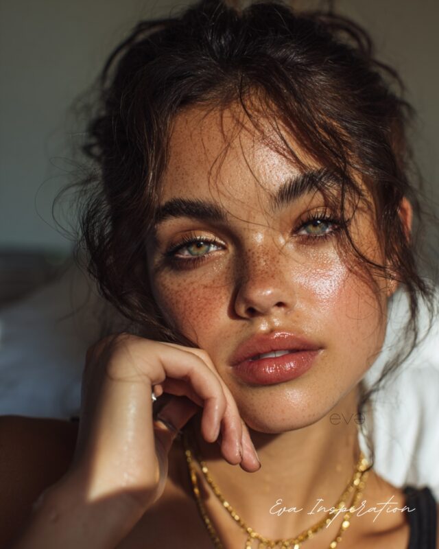 Jeune fille avec taches de rousseur, maquillage lumineux glow doré et gloss nude, lumière naturelle en arrière-plan