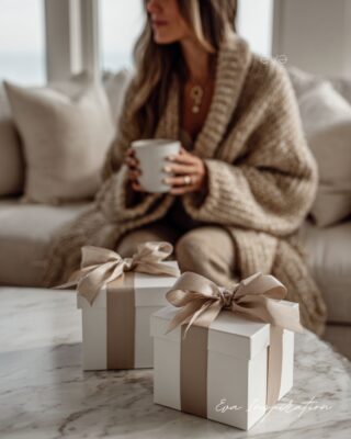 Coffrets cadeaux blancs avec rubans beige satin sur une table en marbre, femme en gilet oversize tenant une tasse en arrière-plan – idée cadeau bien-être pour femme.