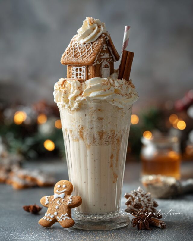 Boisson festive de Noël avec chantilly, mini maison pain d’épices et cannelle, sur fond chaleureux