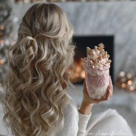 emme de dos en pull blanc tenant un milkshake rose avec chantilly dorée, devant une cheminée hivernale