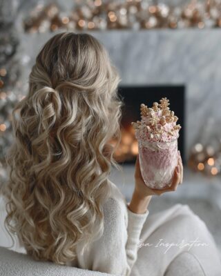 emme de dos en pull blanc tenant un milkshake rose avec chantilly dorée, devant une cheminée hivernale