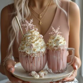 Deux milkshakes roses sur plateau avec crème fouettée, perles dorées et flocons en sucre, ambiance festive girly