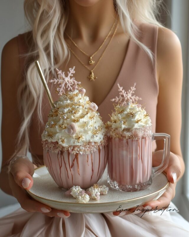 Deux milkshakes roses sur plateau avec crème fouettée, perles dorées et flocons en sucre, ambiance festive girly