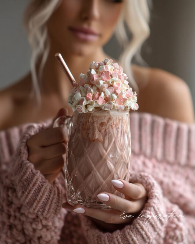 Verre rose ciselé avec chantilly et marshmallows, tenu par une femme en pull tricoté rose et manucure rose