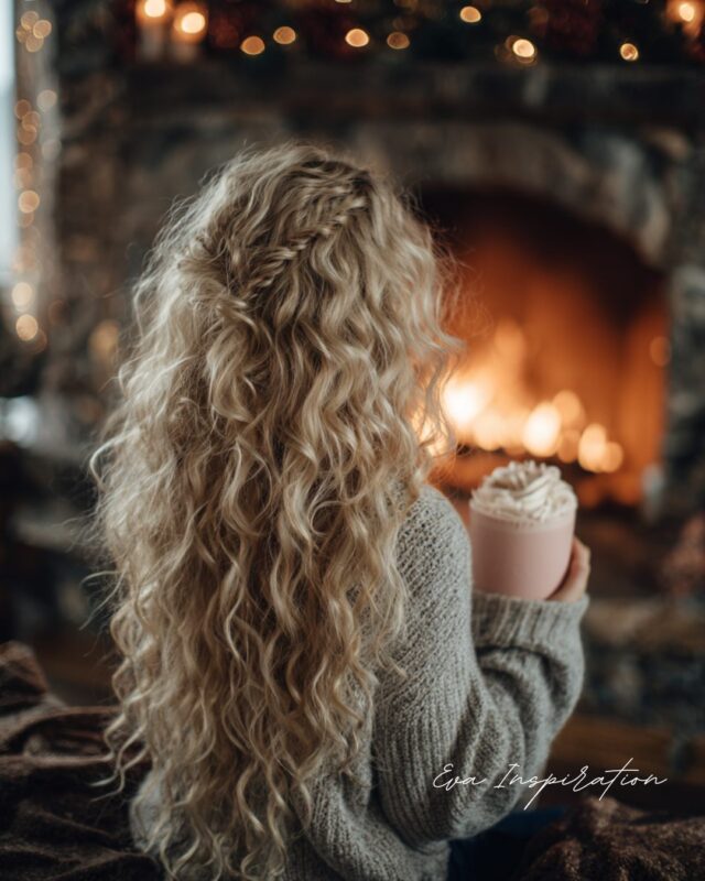 Femme en pull chaud tenant un milkshake rose à la crème fouettée, assise devant une cheminée illuminée