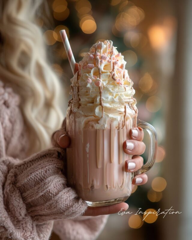 Milkshake rose avec crème fouettée et mini toppings, tenu par une femme en pull tricoté rose, ambiance lumière de Noël