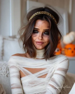 Femme déguisée en momie chic pour Halloween, bandelettes blanches, maquillage craquelé et serre-tête doré, ambiance citrouilles déco.