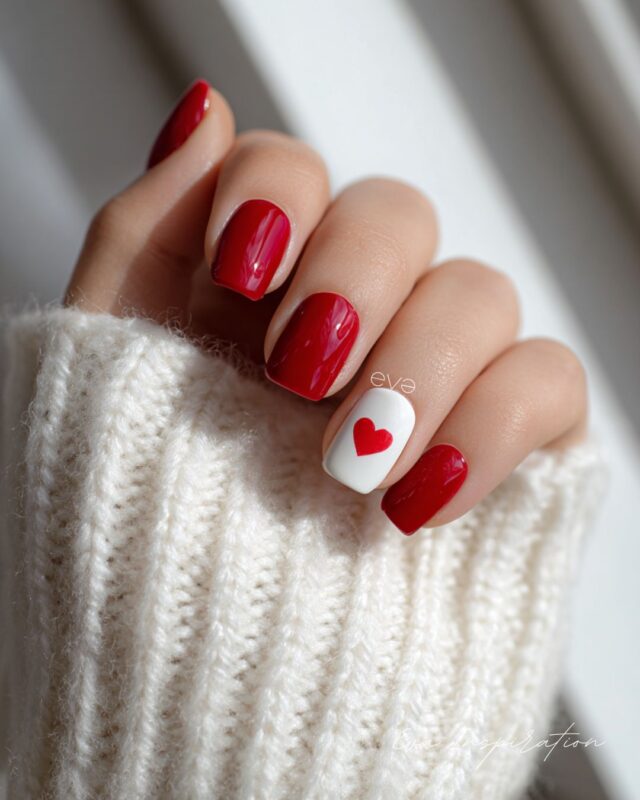 nail art manucure saint valentin rouge et blanc