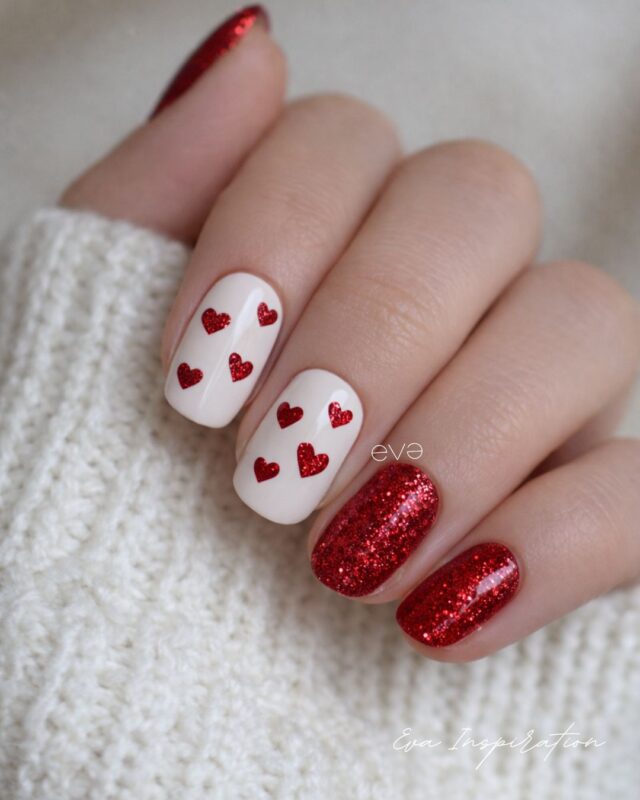 nail art saint valentin rouge paillette blanc et coeur rouge