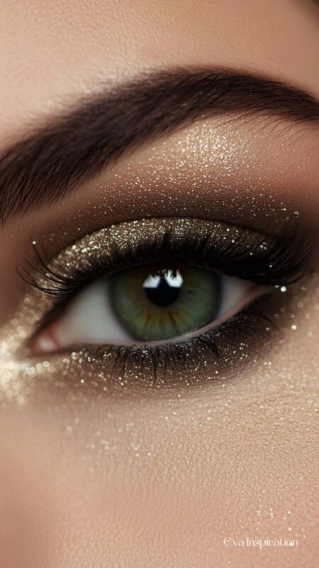 ombre-paupiere-yeux-vert-or-et-gris-paillette