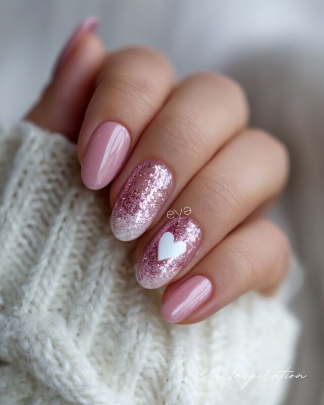 ongle amande saint valentin rose paillette coeur blanc tendance elegant