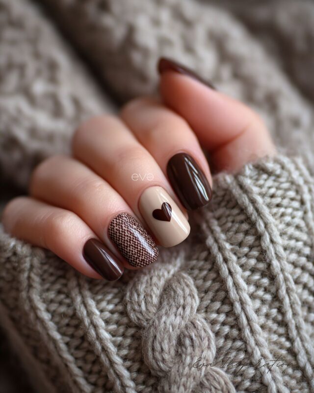 ongle beige marron chocolat idee manucure chic et tendance nail art coeur