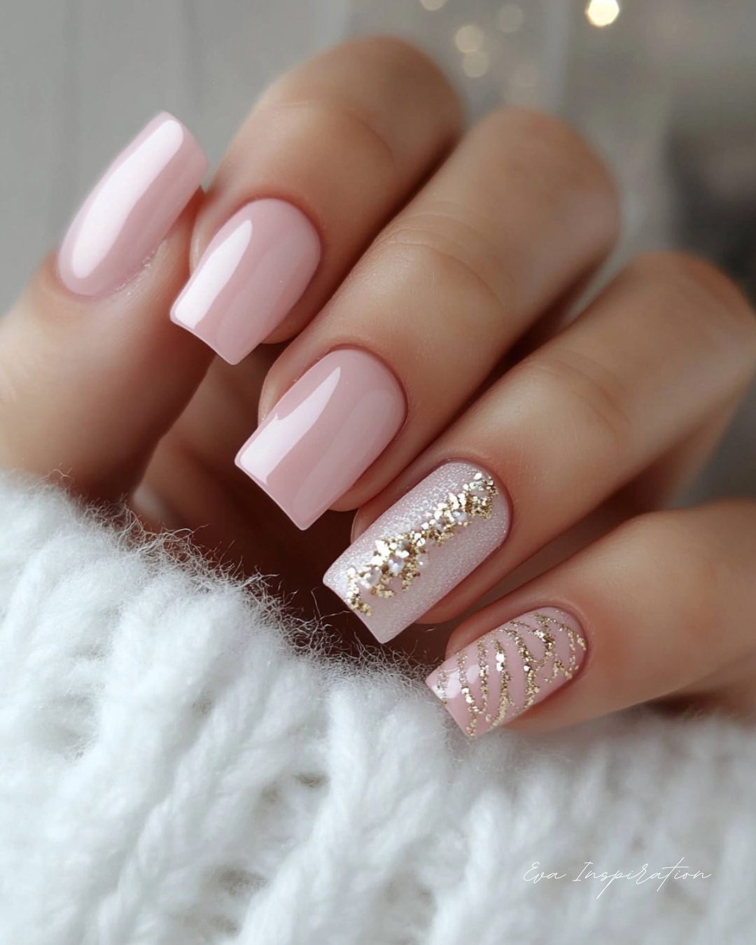 Main avec ongles brillants en rose, or et pastel, manucure élégante et lumineuse, effet scintillant