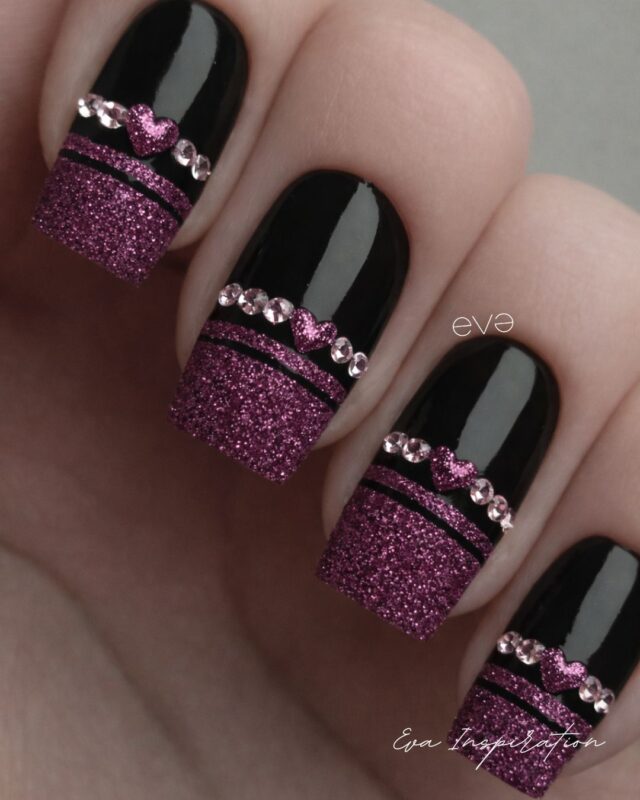 ongle carré manucure saint valentin nail art noir violet paillette coeur