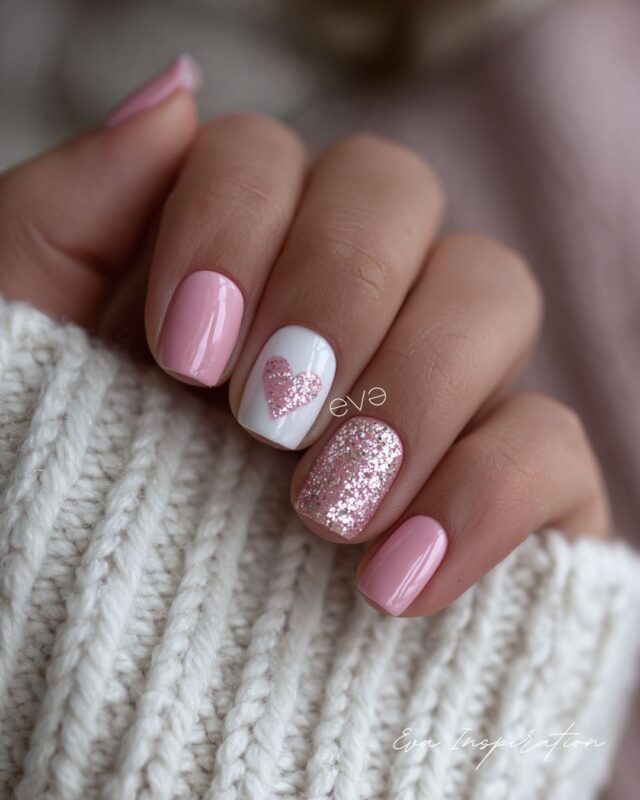 ongle court carre saint valentin paillette rose poudré et blanc