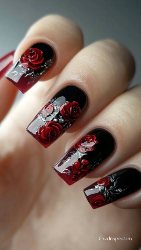 ongle-noir-rouge-rose-fleur-rouge