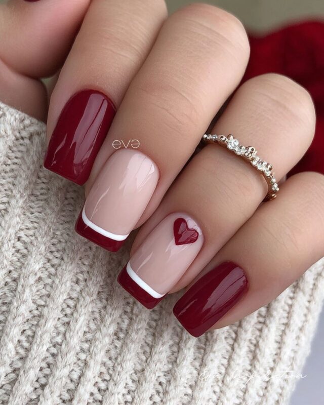 ongle saint valentin rouge bordeau french manucure et coeur
