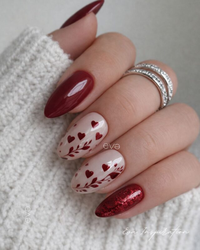 ongle saint valentin tendance rouge blanc creme coeur forme amande