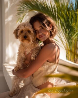 Femme souriante tenant son chien sur une terrasse lumineuse avec palmiers.