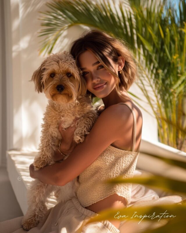 Femme souriante tenant son chien sur une terrasse lumineuse avec palmiers.
